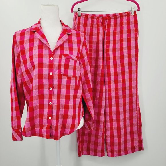 Victoria's Secret Other - Victoria's Secret Cotton Flannel Red/Pink Shimmer Plaid Pajama Set